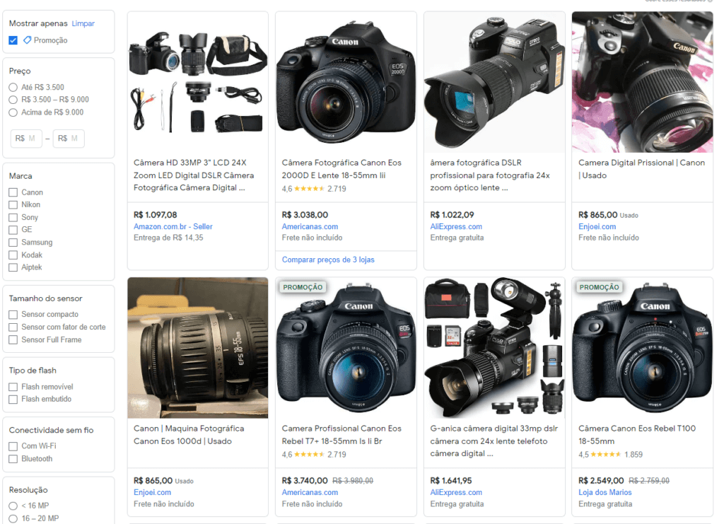 screenshot da página de busca do google shopping de câmera fotográfica profissional