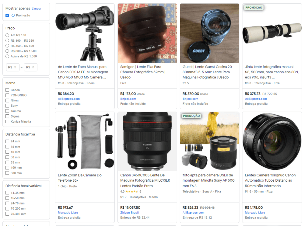 Screenshot da página de busca do Google Shopping sobre Lentes para câmera fotográfica.
