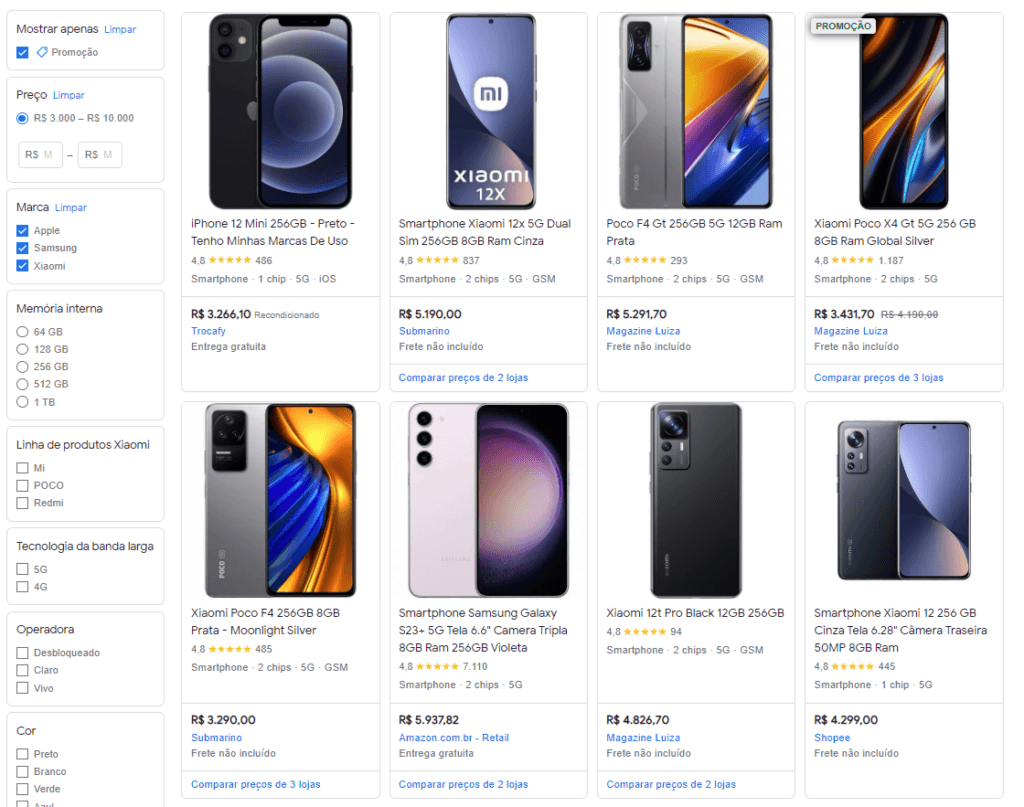 Screenshot da página de busca do Google Shopping sobre smartphones.